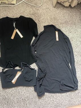 3-Piece SKIMS Black Activewear Set - Rib Tee, Long Sleeve Top & Bralette